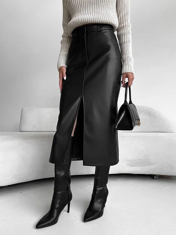 Vintage pencil skirts for nostalgic chic -Faux Leeather Graceful Slit Midi Skirt