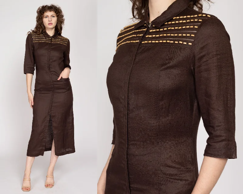 Midi Dresses for Versatile Wear -Small 90s Chocolate Brown Linen Beaded Zip Front Shirtdress