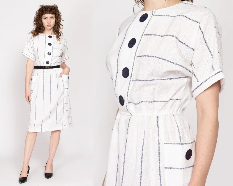 Geometric Dresses for Modern -Medium 80s White & Navy Blue Pinstriped Shirtdress