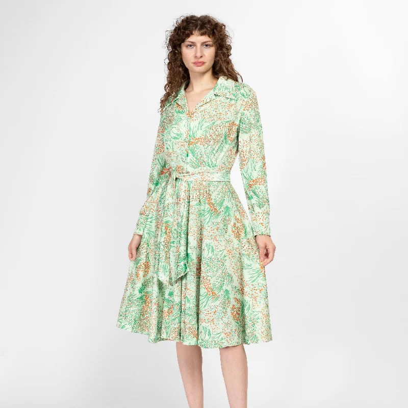 Casual Dresses for Everyday -Medium 70s Green Windy Floral Long Sleeve Shirtdress