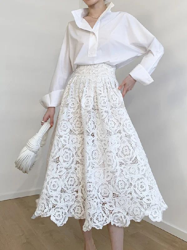 A-line skirts for classic wardrobe essentials -Eyelet Rosebud Graceful Pattern Maxi Skirt