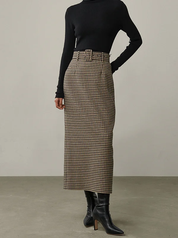 Flowy floral skirts for springtime elegance -High Waist Graceful Houndstooth Midi Skirt