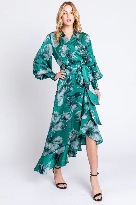 Capri Dresses for Playful -Green Satin Asymmetrical Flounce Trim Midi Dress