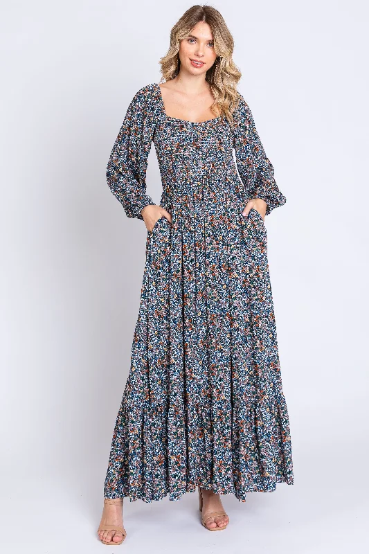 Bridesmaid Dresses for Ceremony -Navy Floral Long Sleeve Maxi Dress