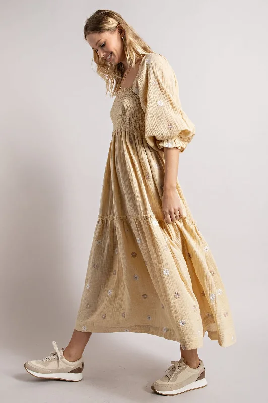 Modern Dresses for Trendy -Beige Gauze Embroidery Smocking Tiered Gradient  Dress