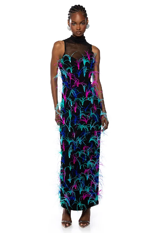 Solid Color Dresses for Simple -JAZZED UP FEATHER MAXI DRESS