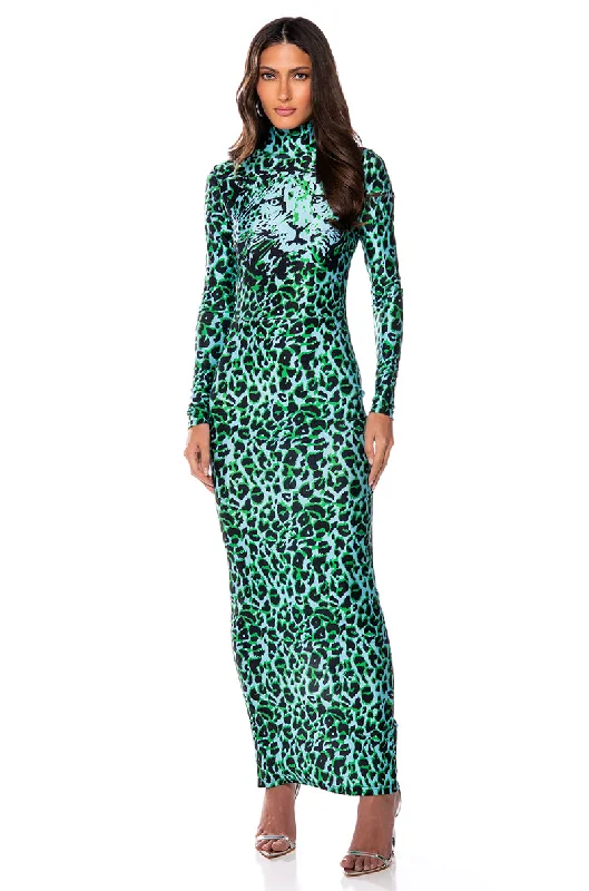 Black Dresses for Versatile -NALA ANIMAL PRINT LONG SLEEVE BODYCON MAXI DRESS