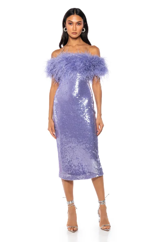 Vintage Dresses for Nostalgia -LOLO FEATHER DETAIL SEQUIN MAXI DRESS IN PURPLE