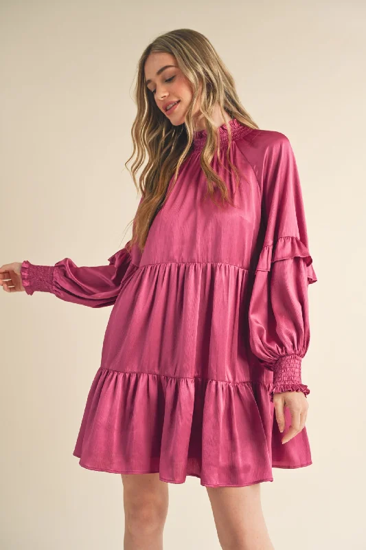 Shift Dresses for Simple Look -Berry Rose Mock Neck Tiered Mini Dress