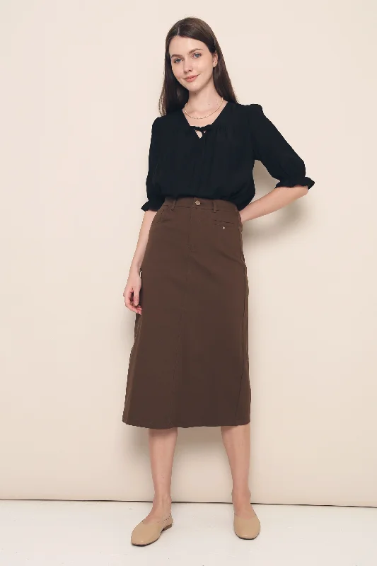 Patterned skirts with bold stripe accents -Lennon Pocket Midi Skirt Brown