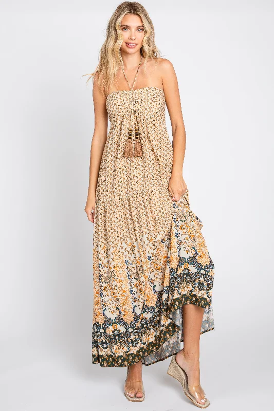 Satin Dresses for Shiny Look -Beige Floral Paisley Halter Maxi Dress