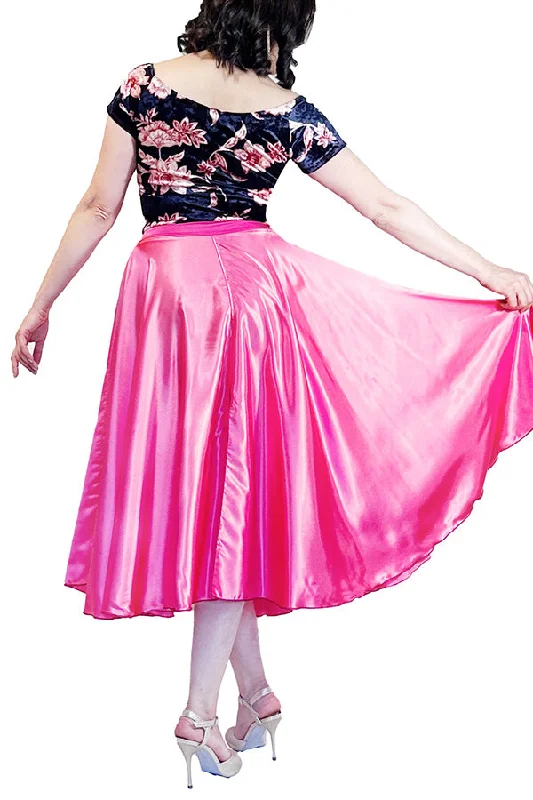 Vintage skirts with classic floral prints -creamy pink satin full circle skirt with slits