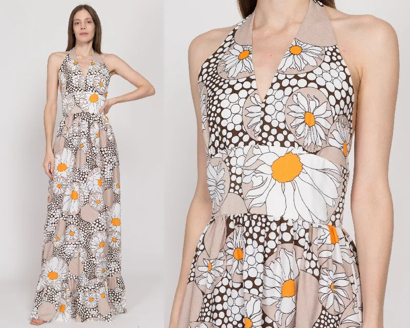 Sleeveless Dresses for Coolness -Small 70s Flower Power Long Halter Maxi Sundress