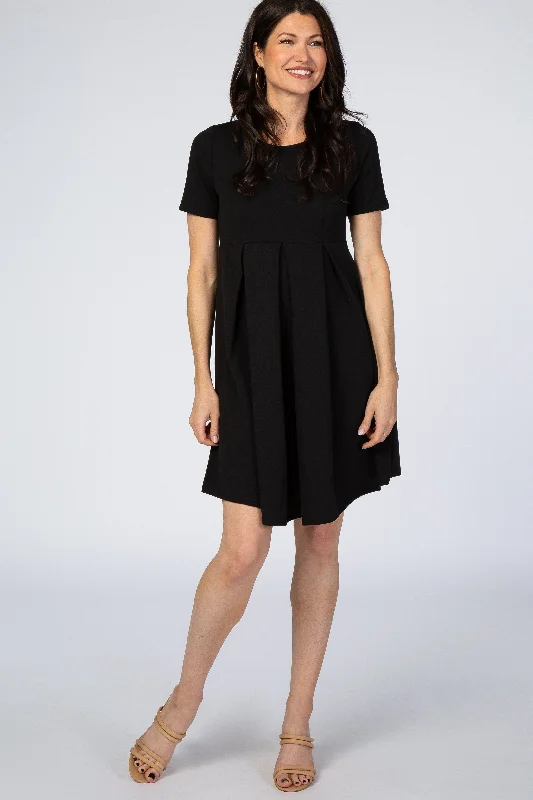 High-waisted Dresses for Flatter -Black Short Sleeve Front Pleat Dress