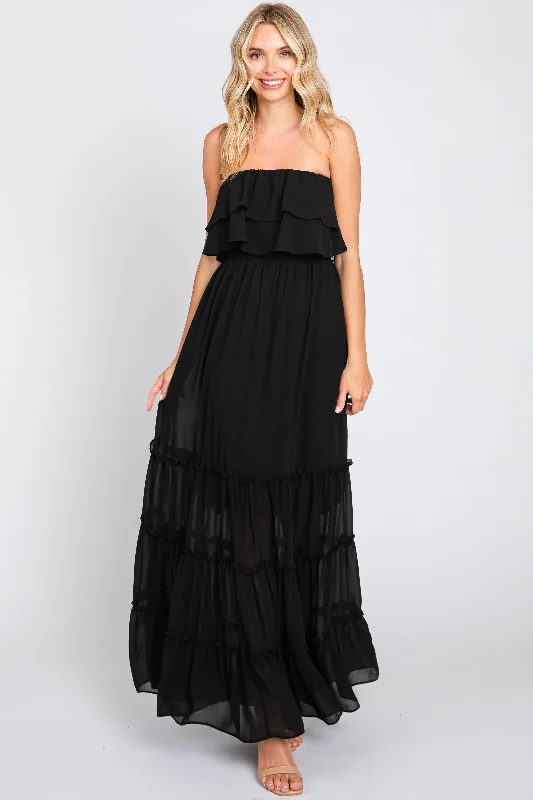 Retro Dresses for Throwback -Black Chiffon Strapless Ruffle Tiered Maxi Dress