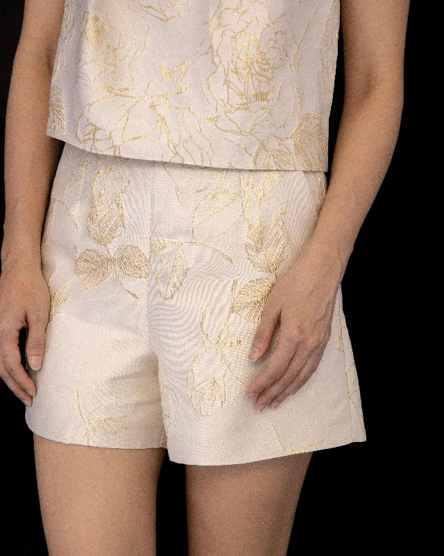 Zippered Skirts for Convenience -Floral Gold Embroidery A Line Shorts (Beige)