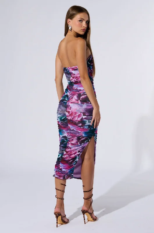 Capri Dresses for Playful -FLORAL FANTASY RUCHED MIDI DRESS