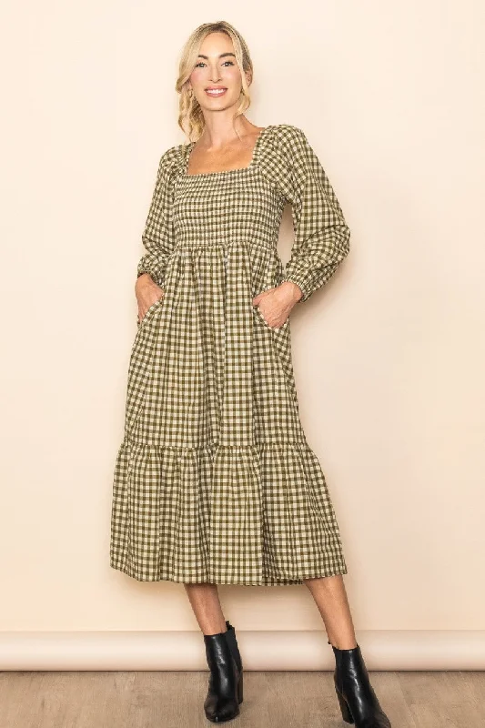 Printed Dresses with Patterns -Olive Gingham Long Sleeve Midi Dress