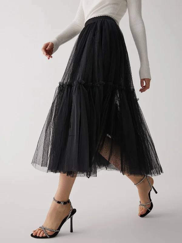 Trendy skirts with modern cutout designs -Solid Mesh Graceful Midi Skirt