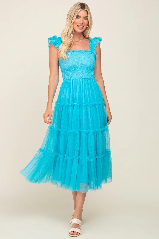 Vintage Dresses for Nostalgia -Turquoise Smocked Mesh Ruffle Accent Midi Dress