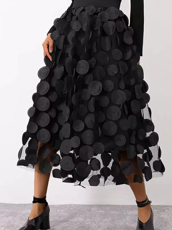 Ruffled maxi skirts for boho summer flair -Oversized Mesh Polka Trendy Dot Midi Skirt