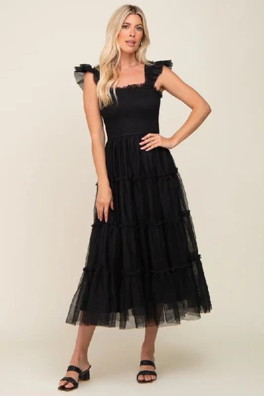 Modern Dresses for Trendy -Black Smocked Mesh Ruffle Accent Midi Dress