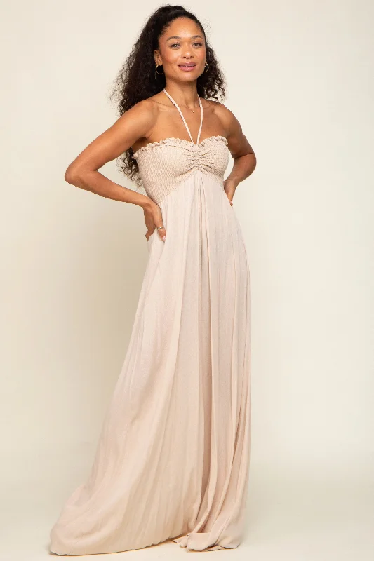 Rhinestone Dresses for Bling -Beige Smocked Halter Maxi Dress