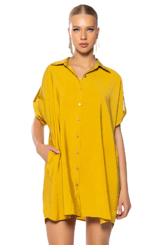 Resort Dresses for Vacation -SOLANA BUTTON DOWN MINI SHIRT DRESS IN MUSTARD