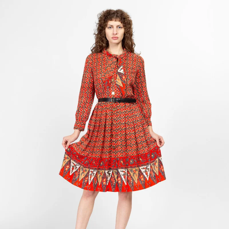 Indian Dresses with Intricacy -Petite Large 60s Red Abstract Knit Ascot Tie Shirtdress