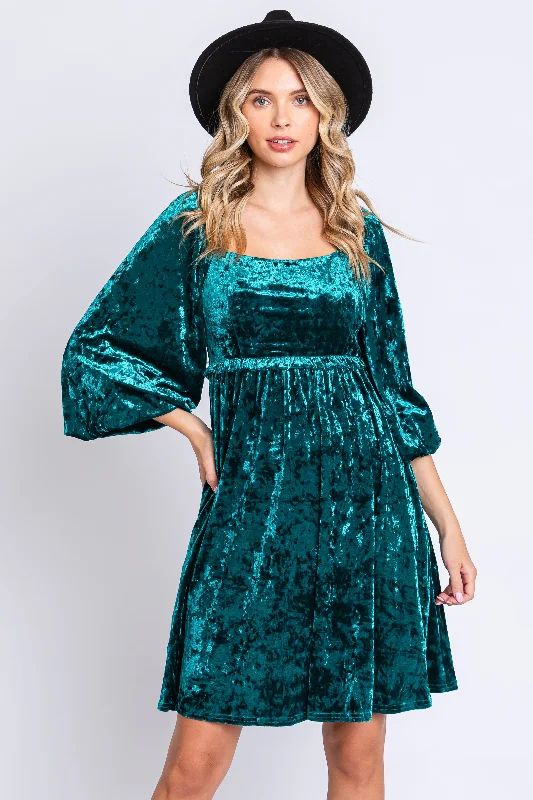 Mother's Day Dresses for Gift -Green Teal Velour Square Neck Dress