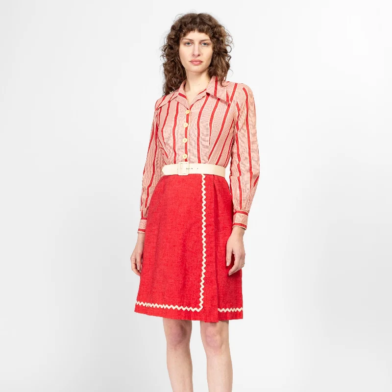 Fringed Dresses for Edgy -Small 70s Red & White Ric Rac Trim Belted Shirtdress