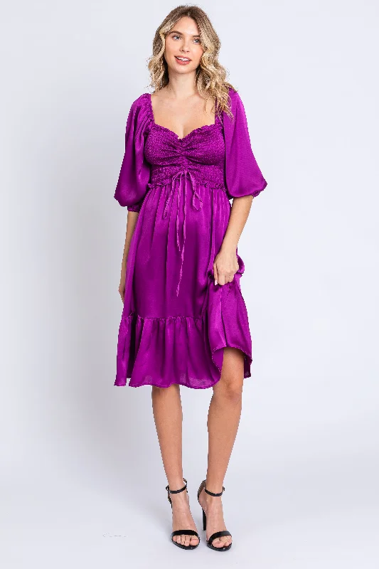 Resort Dresses for Vacation -Plum Satin Smocked Ruffle Hem Dress