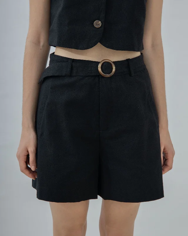 Low Waisted Shorts for Relaxed -Lino Cotton Belt Shorts (Black)