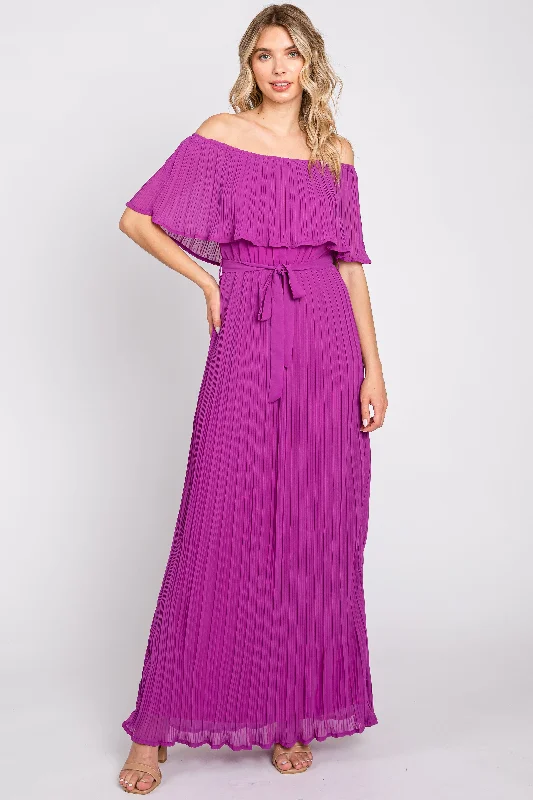 Purple Dresses for Royalty -Purple Pleated Off Shoulder Maxi Dress