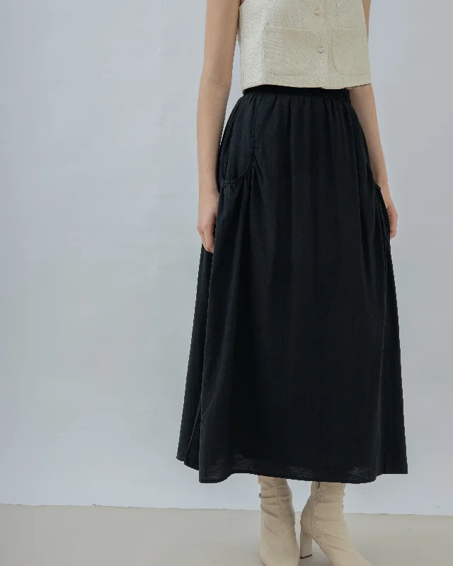 Elastic Waist Skirts for Fit -Pocket Detail Elastic Flare Skirt (Black)