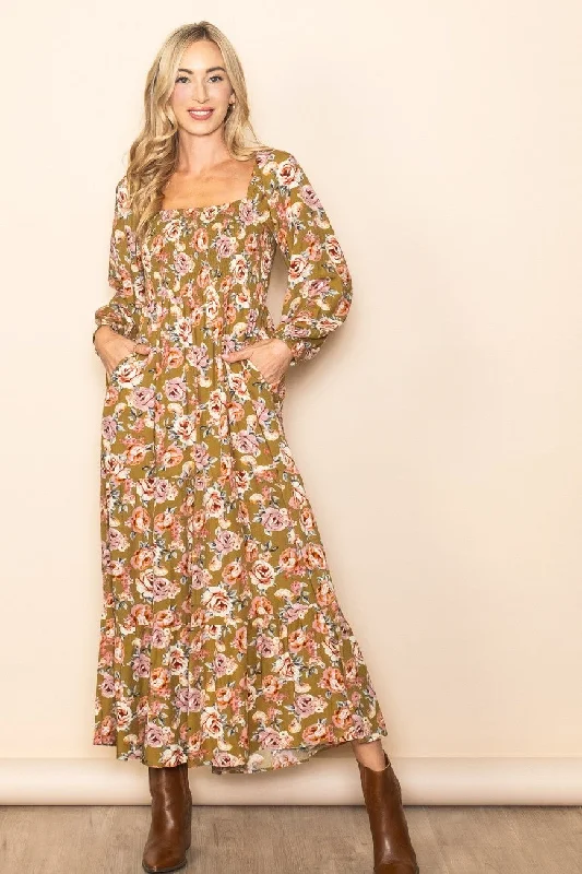 Short-sleeved Dresses for Summer -Olive Floral Long Sleeve Maxi Dress