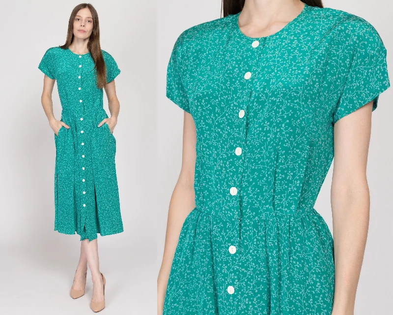 Ball Gown Dresses for Glamour -Small 80s Teal Floral Silk Midi Shirtdress