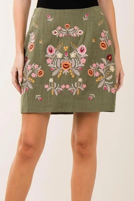 Stretchy skirts for all-day wear comfort -Entro Linen Embroidered Mini Skirt - Olive