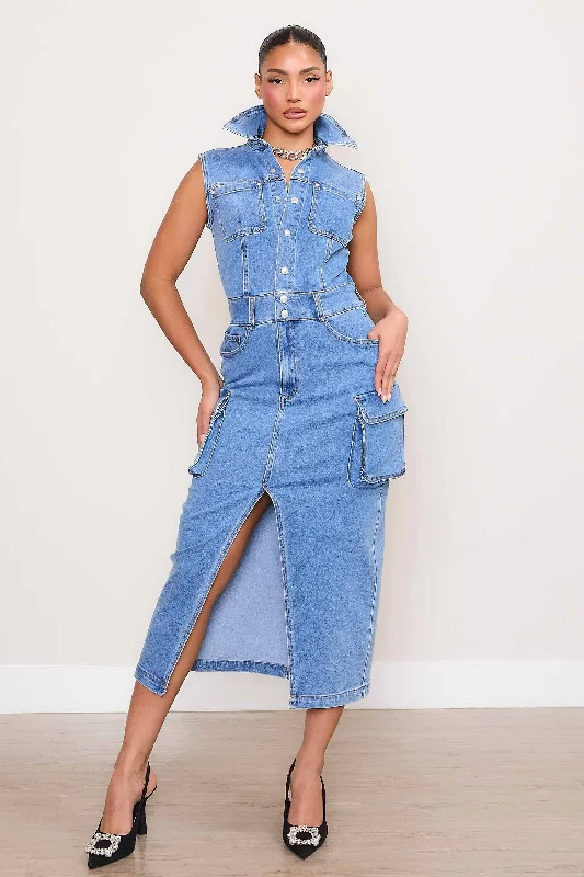 Ruffled Skirts for Girly -Cargo Pockets Denim Dress