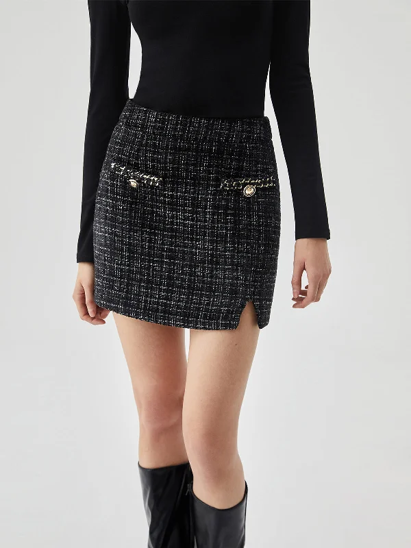 Cute mini skirts for fun party nights -Tweed Button Detail Trendy Split Mini Skirt