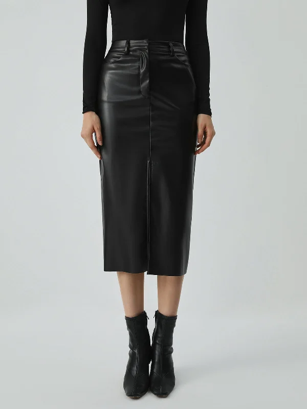 Pleated midi skirts for timeless grace -Faux Leather Graceful Pockets Midi Skirt