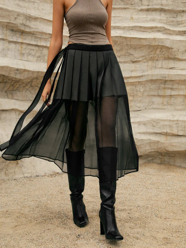 Flowy maxi skirts for breezy summer style -Pleated Double-Layered Graceful Mesh Midi Skirt