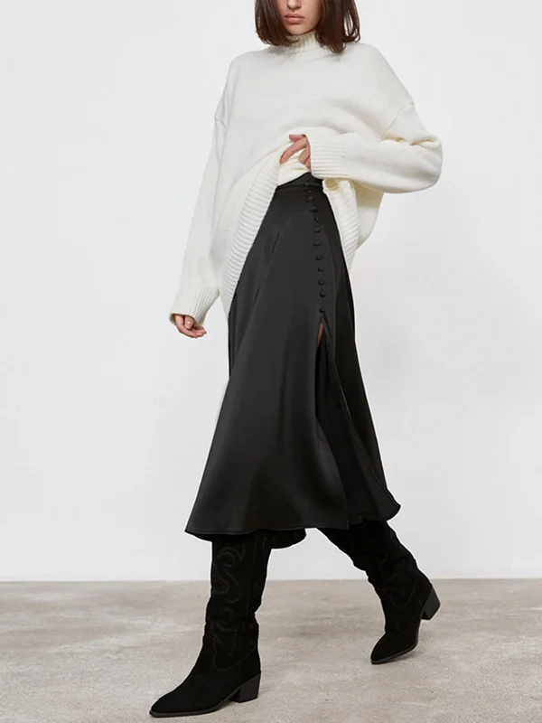 Trendy skirts with asymmetrical hem lines -Side Buttoned Graceful Slit Midi Skirt