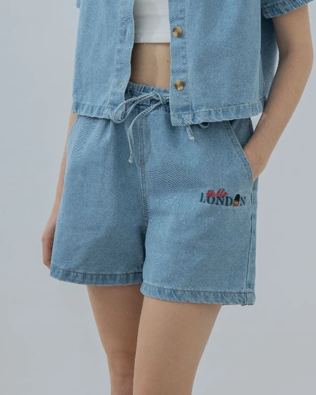 Linen Shorts for Breathable Wear -LULU Hello London Drawstring Denim Shorts (Denim)