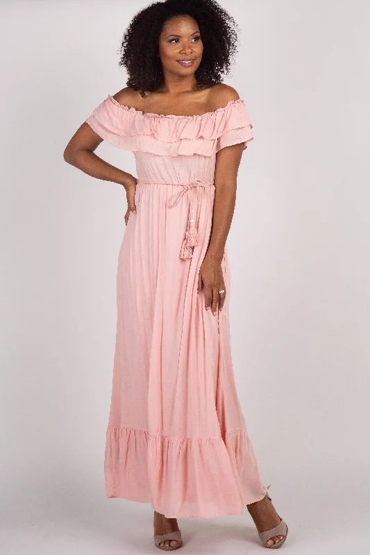 Patchwork Dresses for Bohemian -Pink Off Shoulder Tassel Tie Maxi Dress