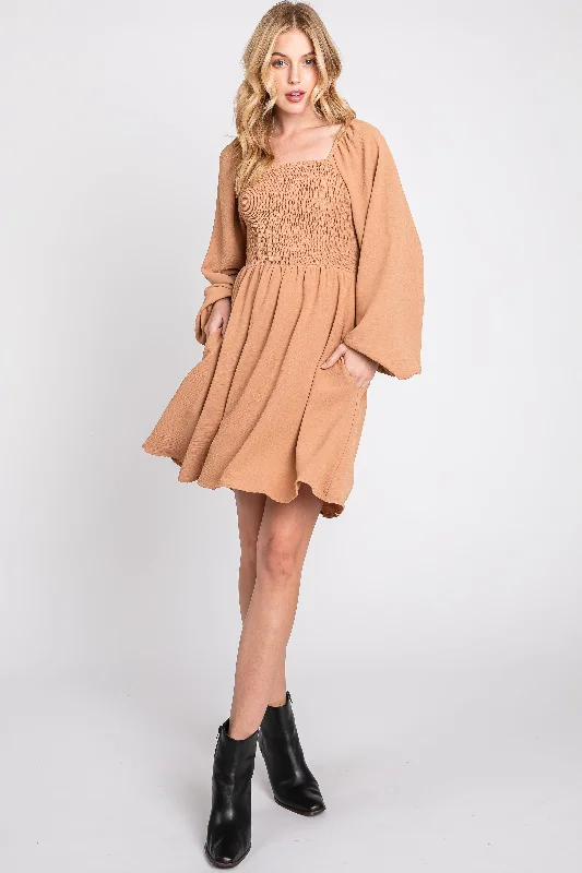 Fringed Dresses for Edgy -Camel Tie Back Smocked Long Sleeve Dress