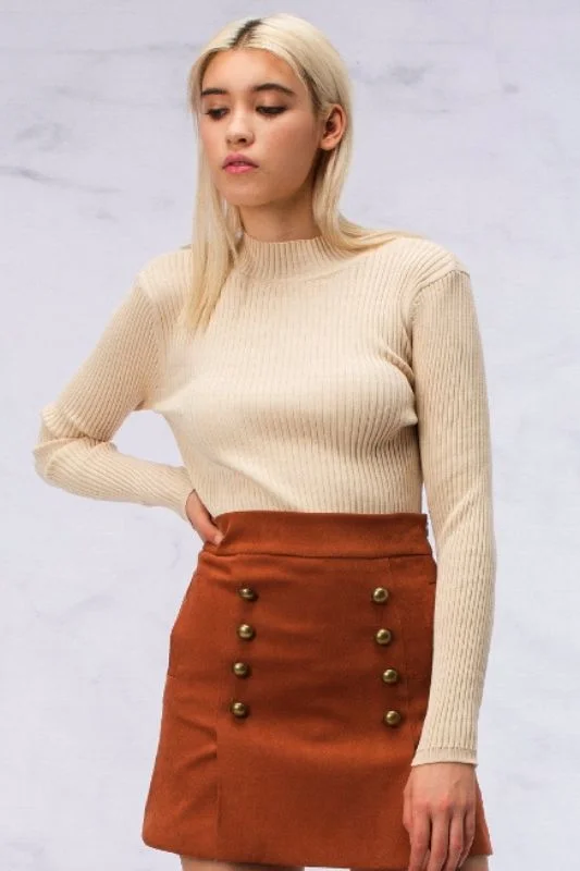 Wrap skirts for adjustable stylish fit -Cognac Gold Button Faux Suede Mini Skirt