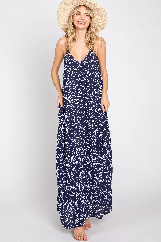 Brown Dresses for Earthy -Navy Leaf Print Double V-Neck Maxi Dress