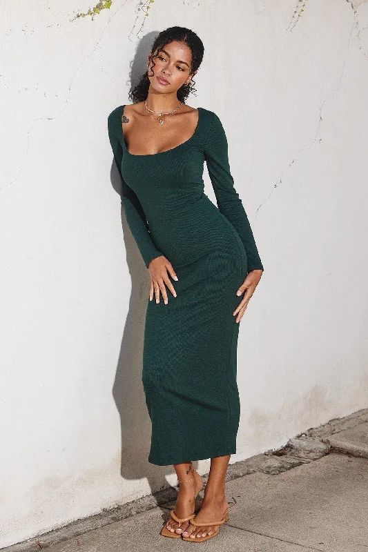 Punk Dresses with Spikes -Forest Green Ribbed Scoop Neck Midi Dress