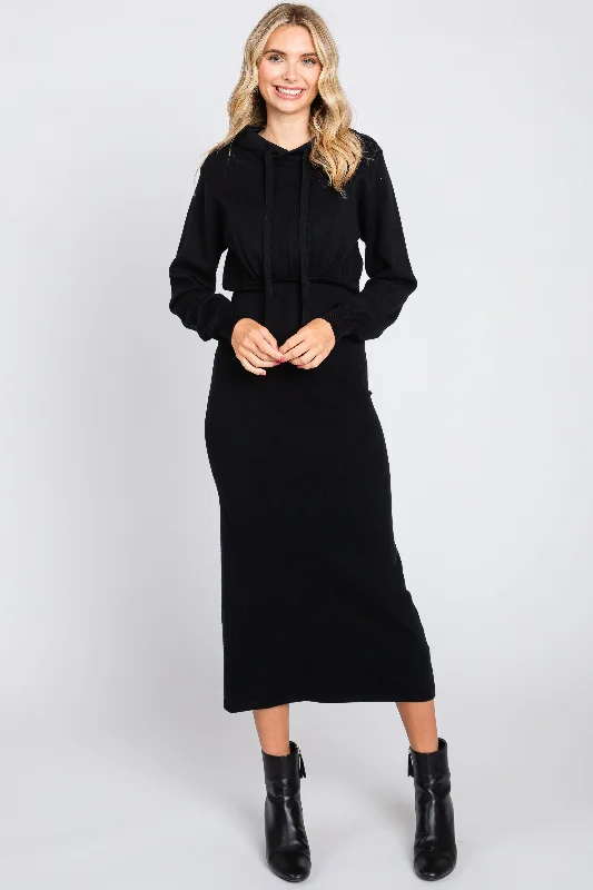 Animal Print Dresses for Fun -Black Knit Hooded Long Sleeve Dress